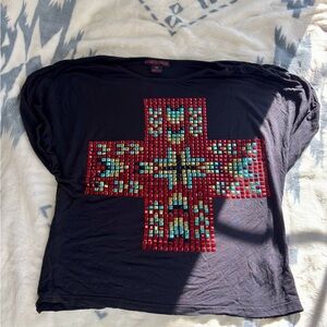 Rock & Roll Cowgirl Black Tee with Red and Blue Cross